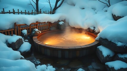 일본 야외 온천 주변에 눈이 쌓여잇다Snow piling up around an outdoor hot spring in Japan