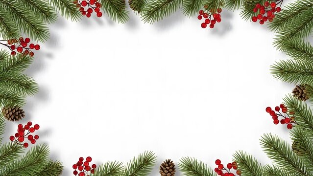 Festive Christmas border with pine branches and red berries