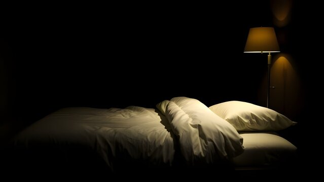  어두운 침실안 장스탠드 주황색 조명이 켜져 은은한 느낌Inside the dark bedroom, the orange light is on, so it feels subtle