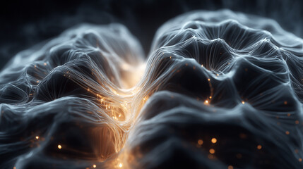 Mechanical chrome brain structure with glowing data filaments, cybernetic neural cores