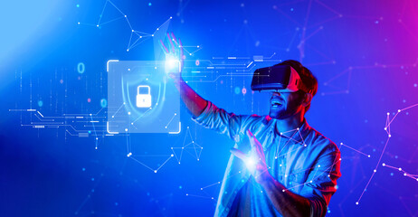 A man wearing a virtual reality headset interacts with digital security icons, emphasizing...