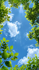 Bright Blue Sky Framed by Sunlit Green Leaves