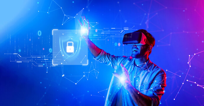 A man wearing a virtual reality headset interacts with digital security icons, emphasizing technology role in data privacy and online safety in a modern cyber landscape. XDMCP
