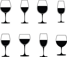Wine glass silhouette set, drinking icons, alcohol symbols, stemware shapes, design collection, beverage illustration pack, бокалы, wine, champagne, goblet, bar elements vector