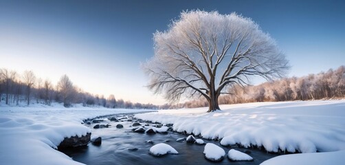 Winter landscape photo of a majestic frosted tree beside a winding stream in a pristine snowy field under a clear blue sky, tranquil seasonal scenery