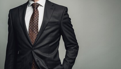 Confident businessman in a sharp pinstripe suit, standing with hand in pocket against a clean background, concept for business professionals, corporate fashion and executive branding