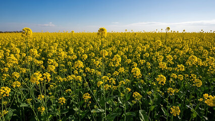 Fototapeta premium Vast field of bright yellow canola flowers under a clear blue sky