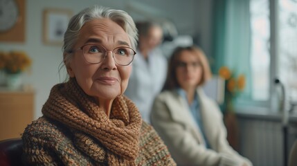 Caring adult daughter accompanying elderly mother to eye doctor appointment, waiting room scene, natural window lighting, warm emotional connection