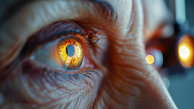 Close-up of senior patient's eye during glaucoma examination, ophthalmologist using modern tonometer device, soft clinical lighting, medical precision, detailed iris texture