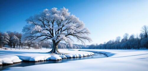 Majestic snow-covered tree by a winding winter river under a clear blue sky, serene snowy landscape