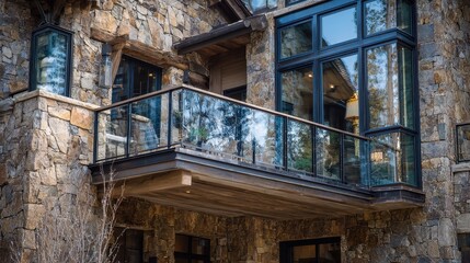 Luxury stone house with a glass balcony and big, black framed windows. Perfect for illustrating real estate, architecture, and upscale home design.