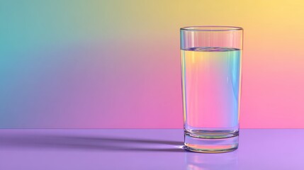 Tall glass filled with water and illuminated by gradient colorful light. Use this refreshing image to convey health, wellness, or hydration.