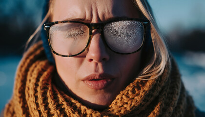 Frustrated woman with icy, fogged-up glasses has her vision obscured by the extreme cold during a winter walk outdoors