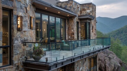 Luxury stone house with a glass-railed balcony overlooking the mountains. Perfect for showcasing high-end real estate or scenic home designs.