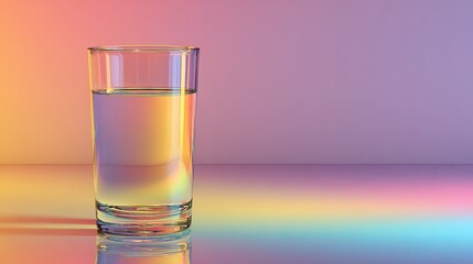 A glass of water reflects light in a gradient of peach, yellow, and purple hues. This can represent health, hydration, or artistic color concepts.
