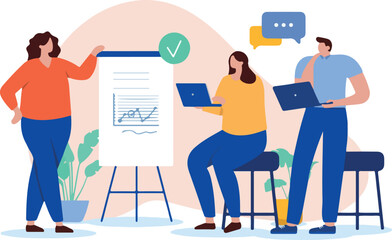 Business meeting presentation - People in office with computers watching woman presenting results, data and graph at work. Flat design vector illustration with white background