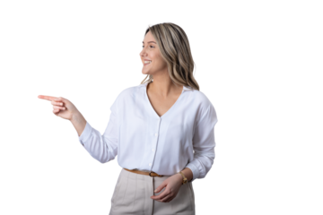 Smiling young woman pointing left providing direction