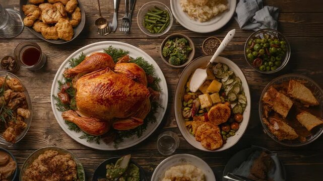 Panning overhead camera capturing holiday meal on rustic table, showing roasted turkey centerpiece