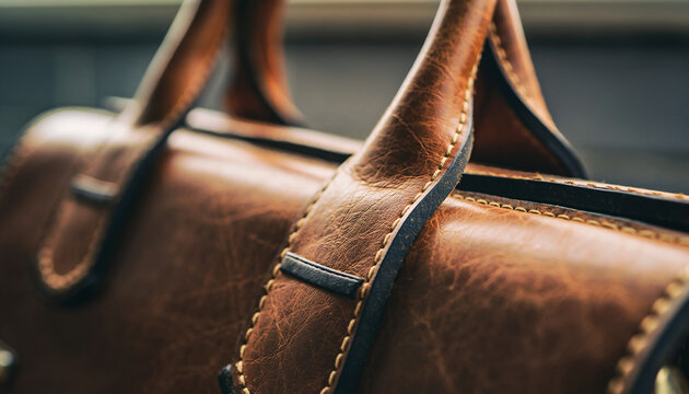 Closeup of Luxurious Brown Leather Handbag with Handles, Detailed Stitching, and Elegant Design.
