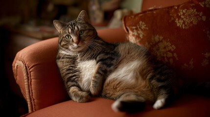 Domestic cat with signs of obesity thick belly and swollen fat muzzle. Sedentary lifestyle pet. Disease. Laziness. problems associated obesity due greater amount food treats we consume unhealthy diet