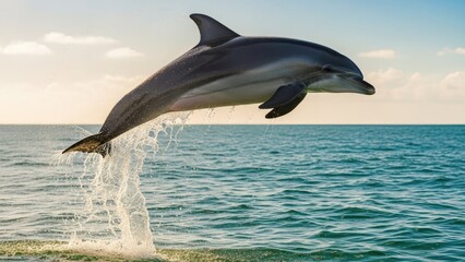 Fototapeta premium Dynamic dolphin jumping out of the clear blue ocean water, creating splashes, under a bright sky.