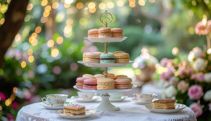 A delightful high tea spread featuring colorful macarons and delicate pastries on a tiered stand, set outdoors amidst a garden ambiance