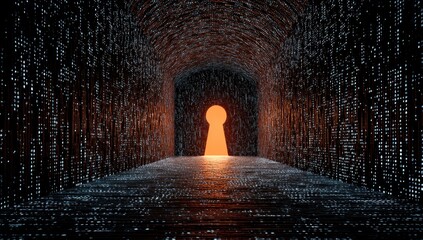A keyhole tunnel with data, leading to a bright light. Cyber security concept