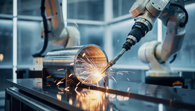 Robotic Arm Welding Steel Cylinder in Modern Factory Industrial Automation, Manufacturing, Sparks, Metalworking, HighTech Production.