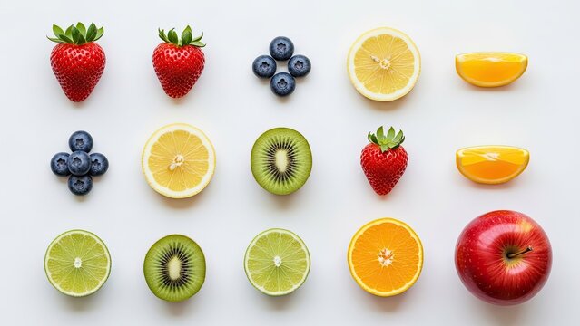 Assortment of fresh colorful fruits neatly arranged on an isolated white background for healthy eating - Powered by Adobe