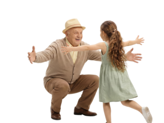 Grandfather with open arms awaiting a joyful embrace from his granddaughter isolated against