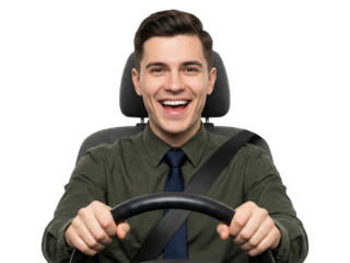 Excited young driver in a shirt and tie behind the wheel with transparent surrounding