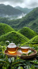 Tea Set on Wooden Tray Overlooking Lush Mountain Plantations