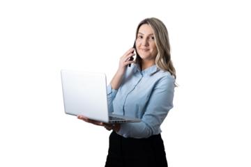 Businesswoman standing, talking on phone, holding laptop, multitasking concept