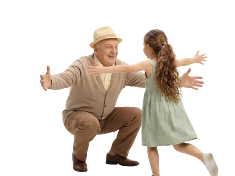 Grandfather with open arms awaiting a joyful embrace from his granddaughter isolated against