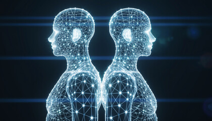 Digital Twin Concept Two Futuristic Humanoid Figures with Glowing Wireframe Structures, Representing Artificial Intelligence and Data Connectivity.