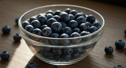 Fresh blueberries in a glass bowl on a wooden surface