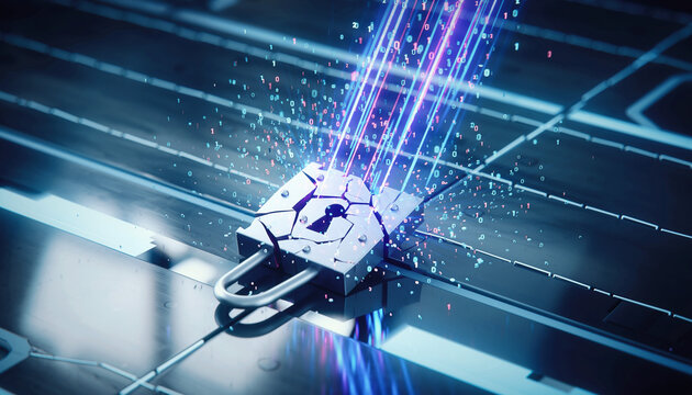Digital Security Breach Concept Cracked Lock with Data Streams, Cyber Attack, Data Protection and Technology.