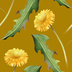 Seamless pattern with yellow wildflowers, painted in natural colors. Watercolor illustration with dandelion flowers and green leaves on a mustard background. Floral background for wallpaper, textiles