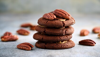 stacked chocolate cookies with pecans on a neutral background