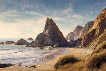 Rugged coastal rock formations rise majestically from the ocean waves against a backdrop of dramatic cliffs and a sunlit sky