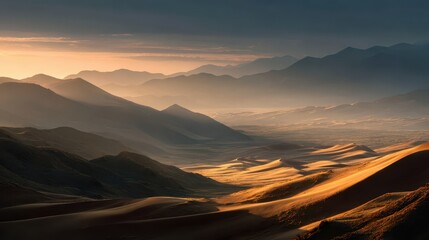 Golden dunes meet misty mountains under the cloudy sky at sunrise. Evokes feelings of adventure, travel, and the beauty of natural landscapes.