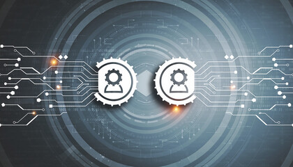Digital Transformation Concept Two Gears with User Icons Interconnected by Circuits on Abstract Tech Background.