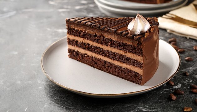 chocolate layer cake slice on a plate with marble countertop background - Powered by Adobe