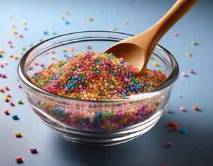colorful sprinkles in a glass bowl with wooden spoon for decoration