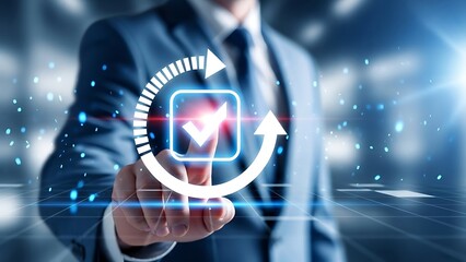 Businessman touching glowing checkmark in circular arrow representing success and completion