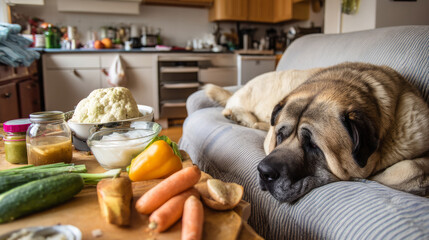 Cute fat dog sad because excess weight. Modern problem of obesity in pets due to overfeeding with food and treats. Concept diet and fight against excess weight in dogs and awareness of animal health