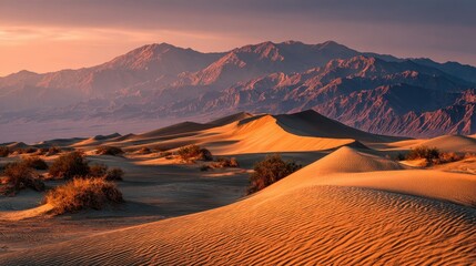 Golden sand dunes meet distant mountains in Death Valley at sunset. Perfect for travel blogs or illustrating themes of nature, peace, or exploration.
