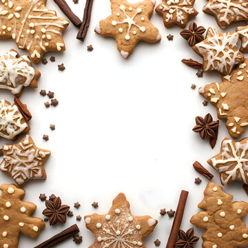 Joyful gingerbread cookies in star and tree shapes on top half of image creating frame. clean white background area in middle is perfect for text