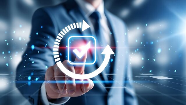 Businessman touching glowing checkmark in circular arrow representing success and completion