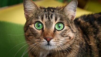 a beautifully detailed close up of a playful tabby cat with amazing green eyes evoking curiosity and charm perfect for conveying the essence of feline grace and beauty